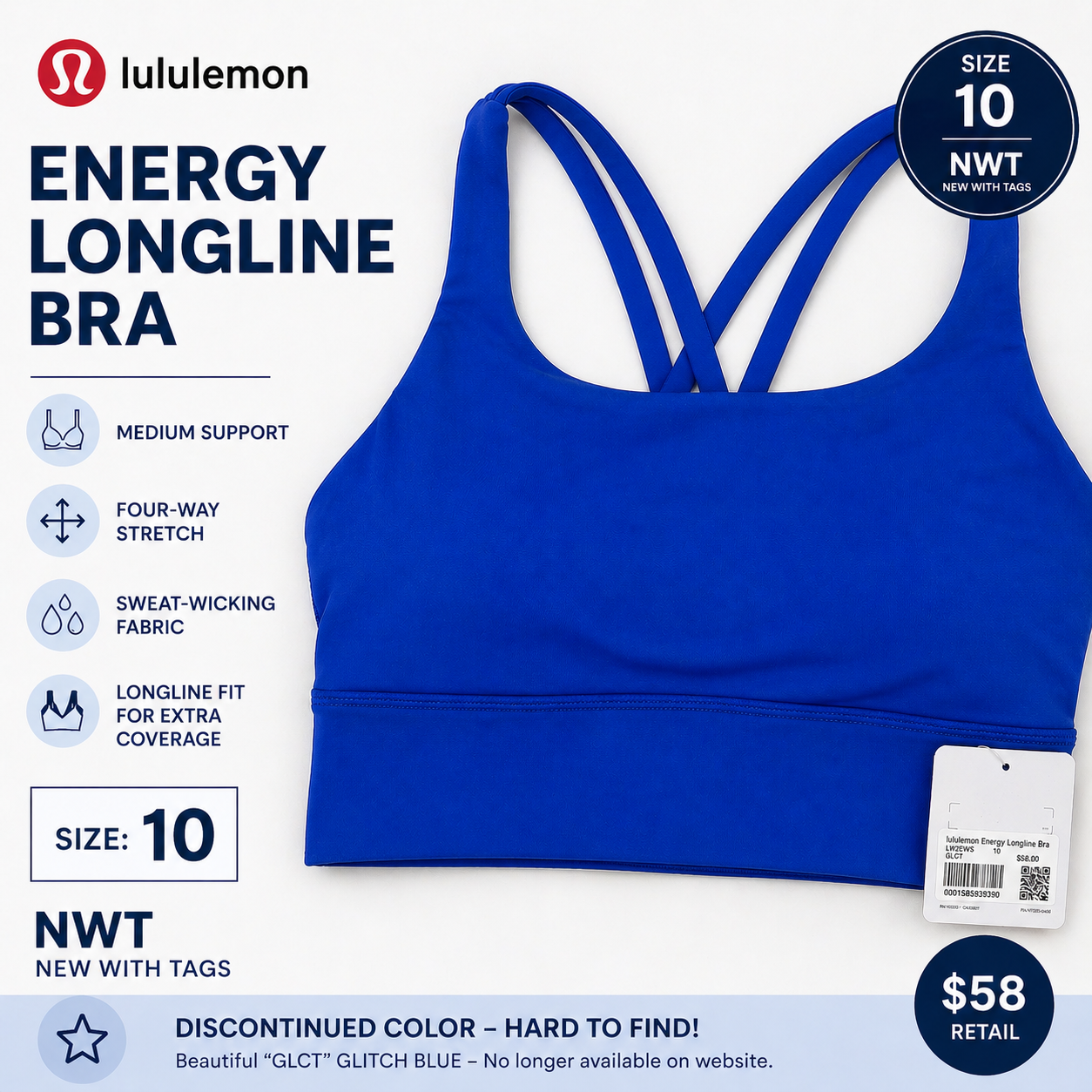 Lululemon Energy Longline Bra Glitch Blue Size 10 NWT Rare Discontinued LW2EWVS