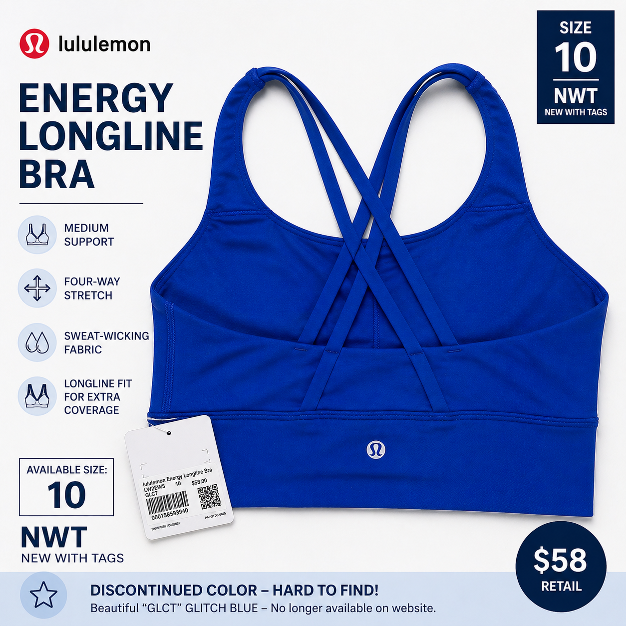 Lululemon Energy Longline Bra Glitch Blue Size 10 NWT Rare Discontinued LW2EWVS