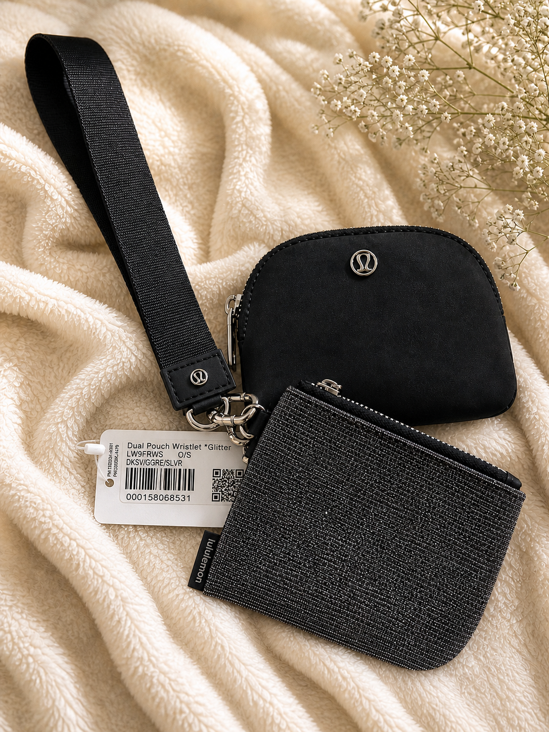 Lululemon NEW Dual Pouch Wristlet Glitter Silver Black  LW9FRWS