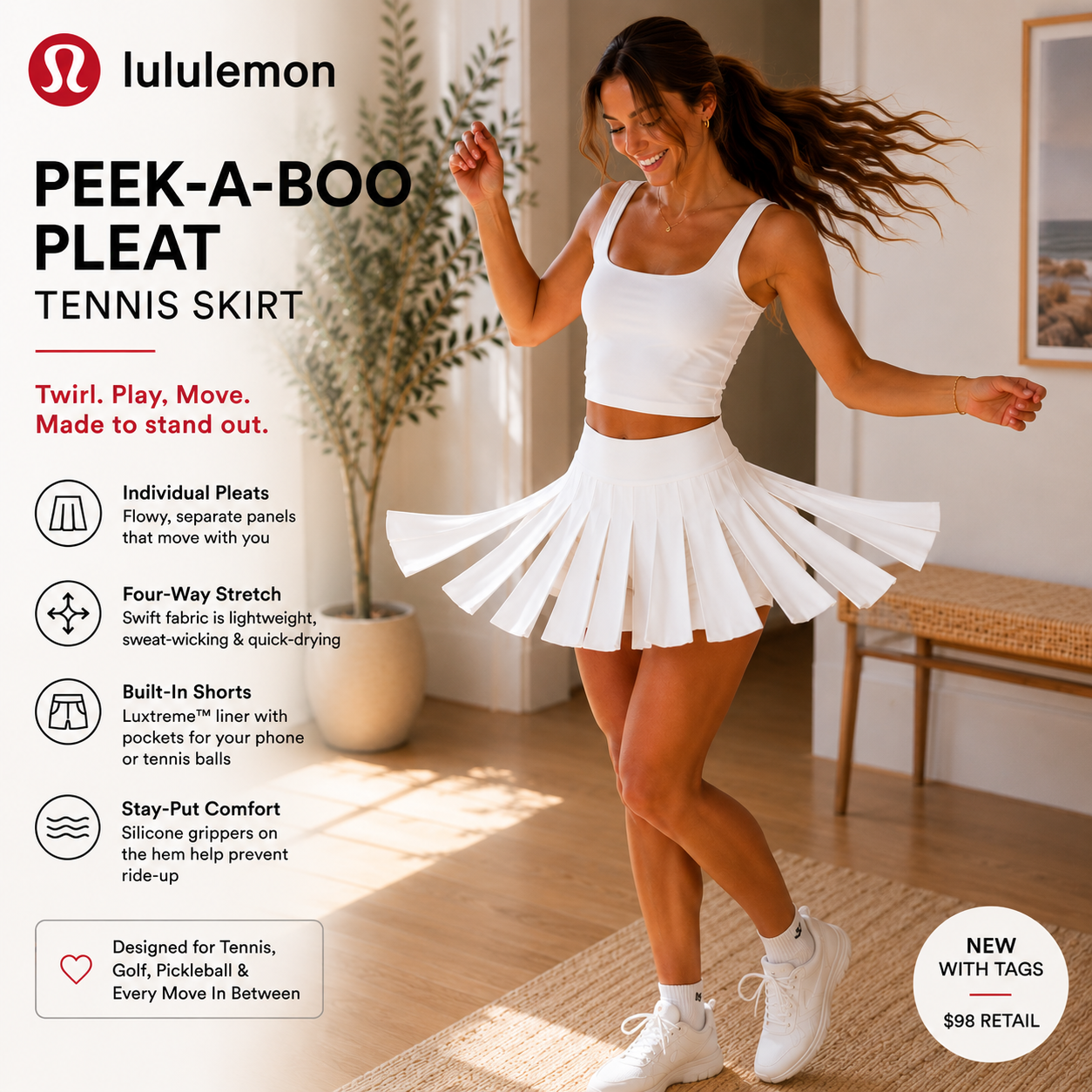 Lululemon Peek-A-Boo Pleat Tennis Skirt White Size XL Golf Pickleball