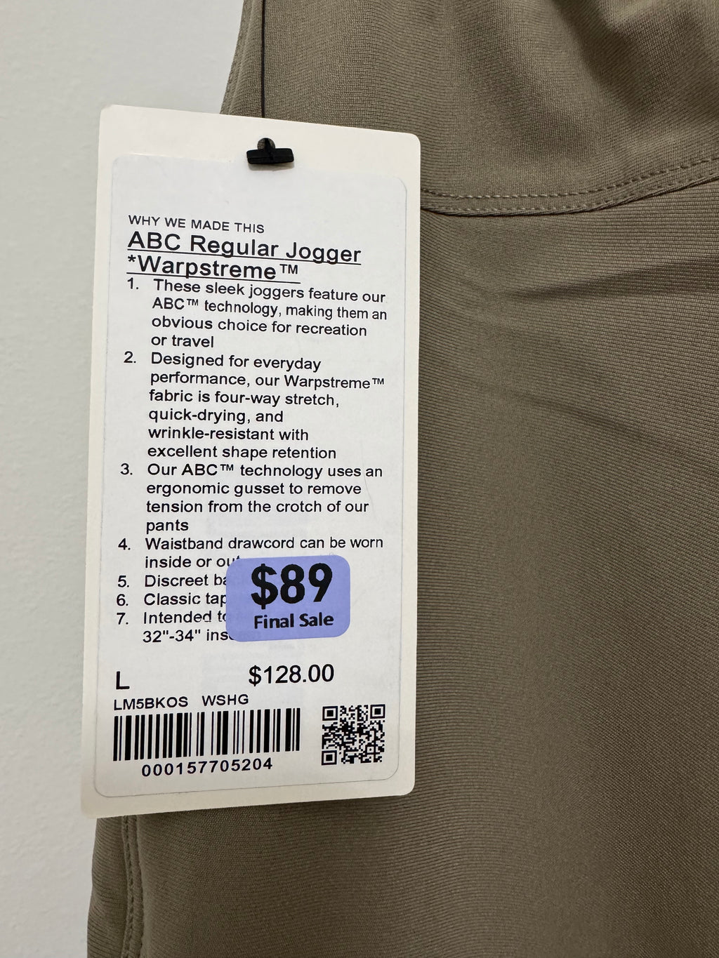 Lululemon ABC Regular Jogger Warpstreme Men’s L WSHG Green Khaki LM5BKOS